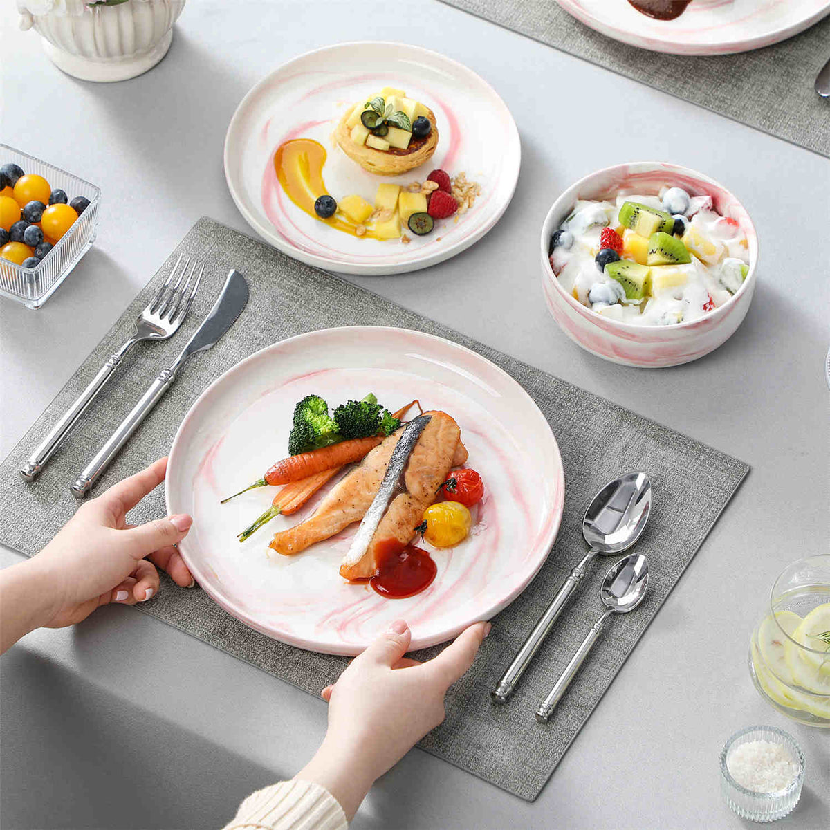 Luna Marble Grey 12 Piece Dinnerware Set