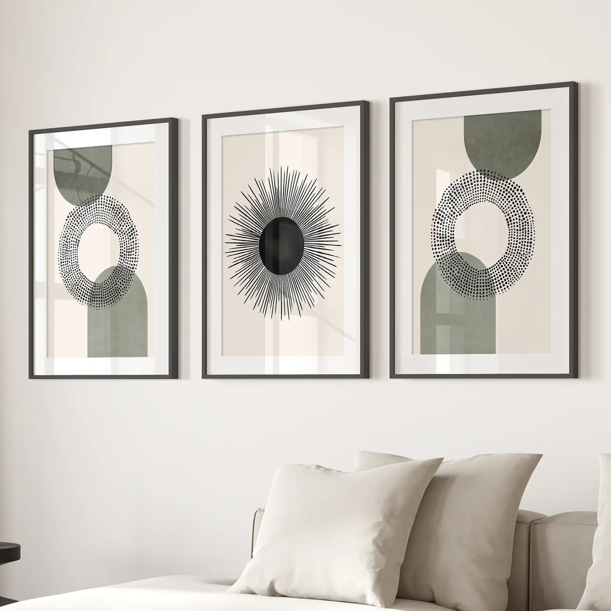 Set of 3 Boho Prints. Sage Green Modern Mid Century Wall Art.