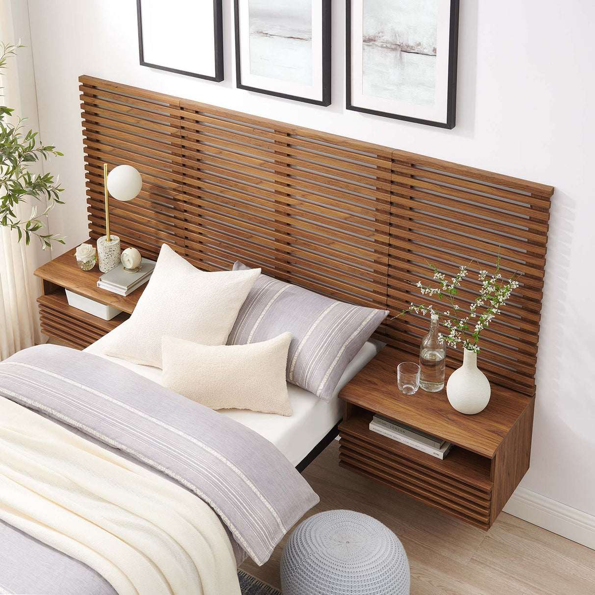 Render Wall Mount Twin Headboard and Modern Nightstands by Modway