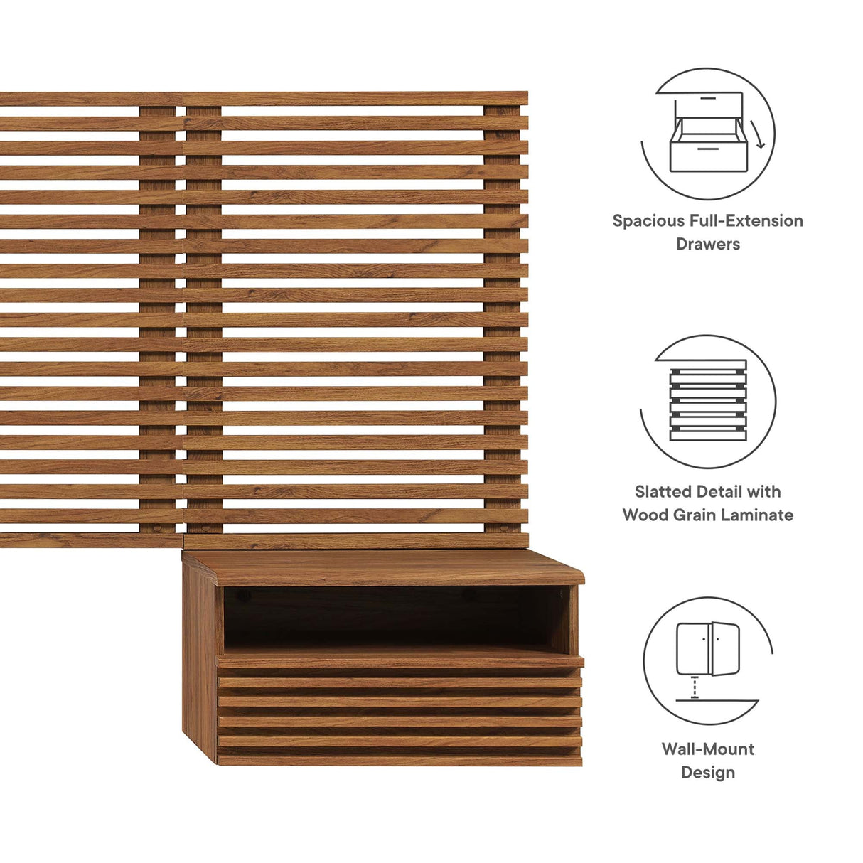 Render Wall Mount Queen Headboard and Modern Nightstands by Modway