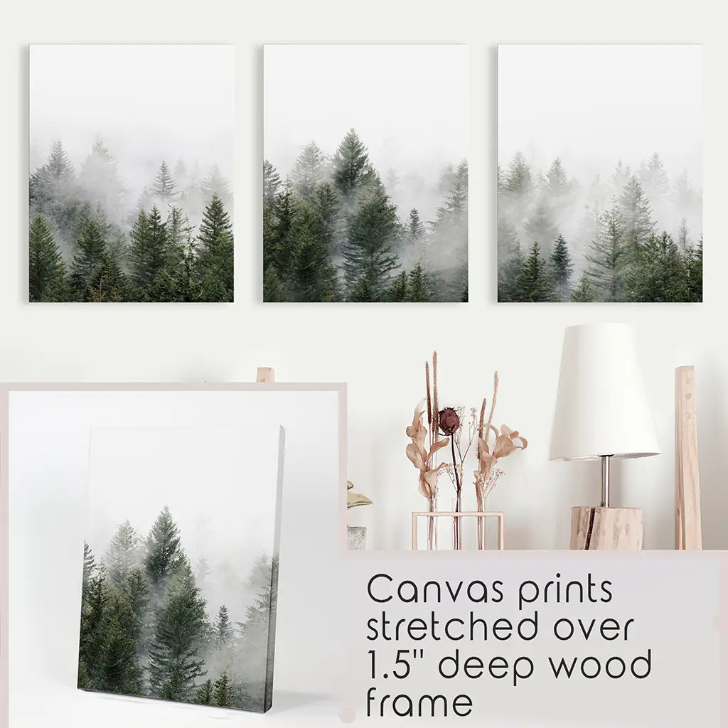 Pine Tree Foggy Forest Triptych. Nordic Wall Decor