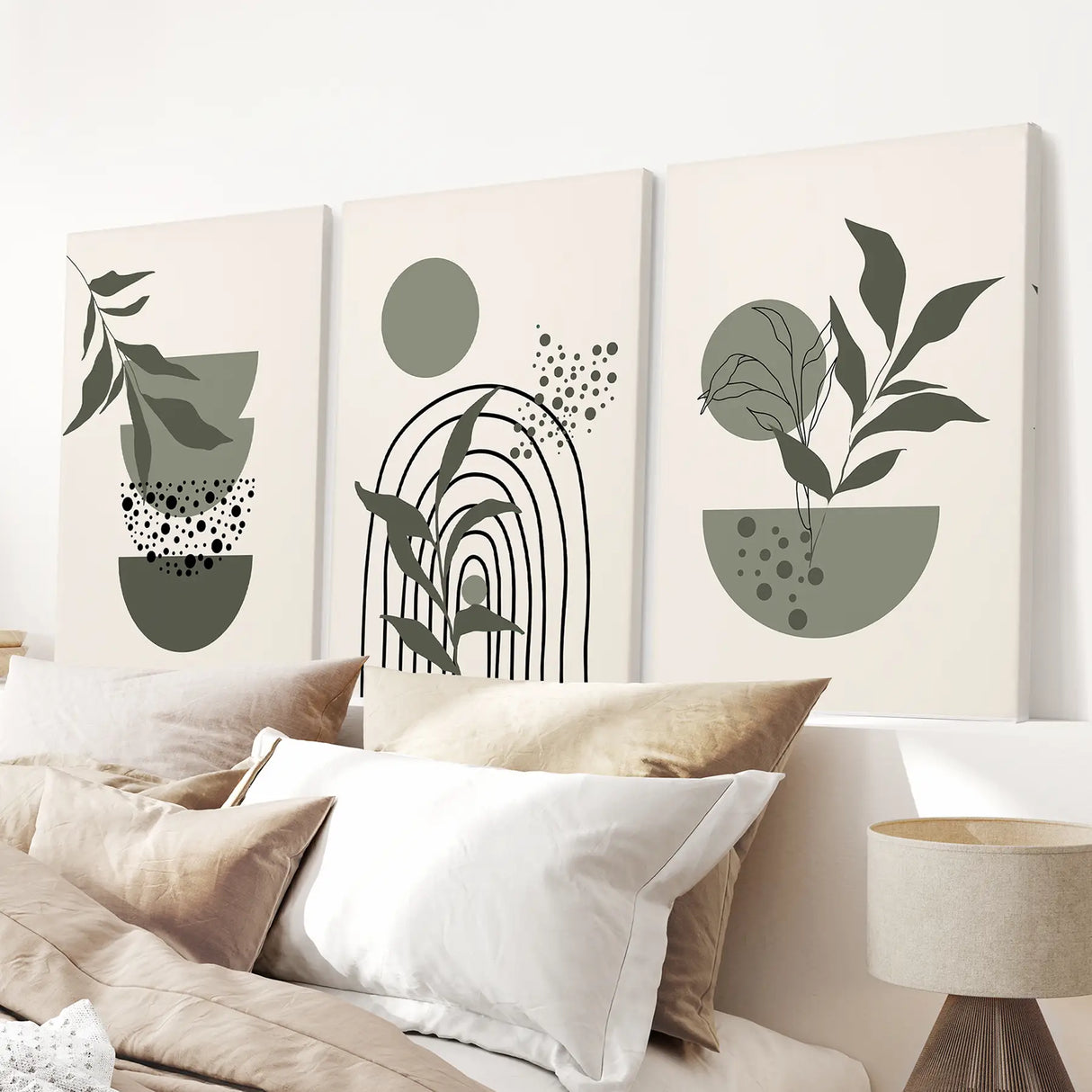 3 Piece Boho Wall Art Prints. Green Mid-Century Abstract Decor