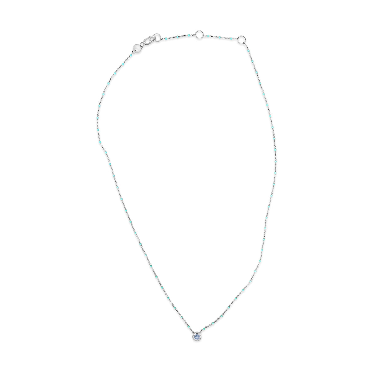 Sterling Silver Bezel Set Light Blue Aquamarine and Enamel Bead Chain Necklace