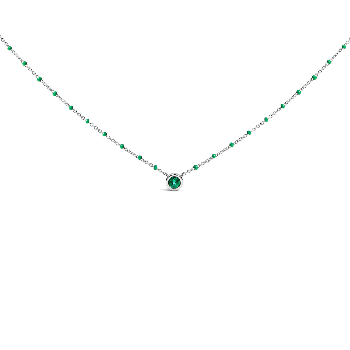 Sterling Silver Lab Created Emerald Bead Chain Necklace
