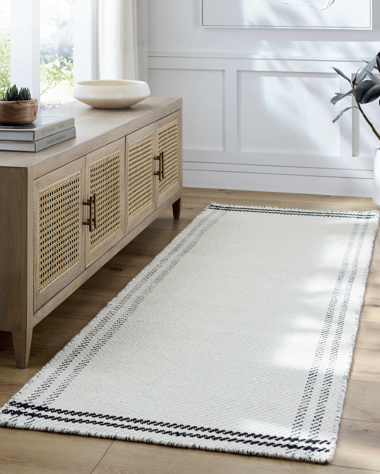 Nimue Cream & Blue Bordered Area Rug - Clearance
