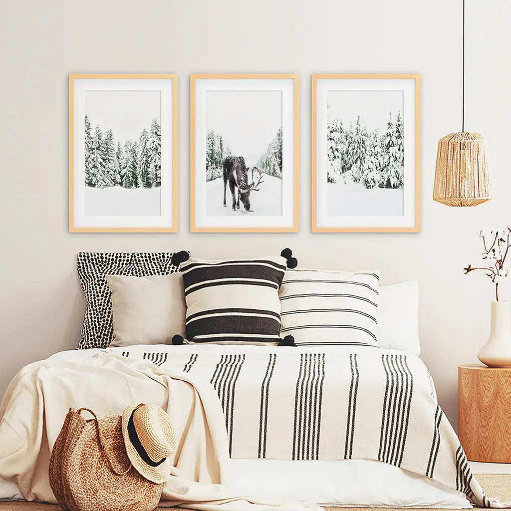 Nordic Winter Wall Art Set of 3. Snowy Forest and Moose