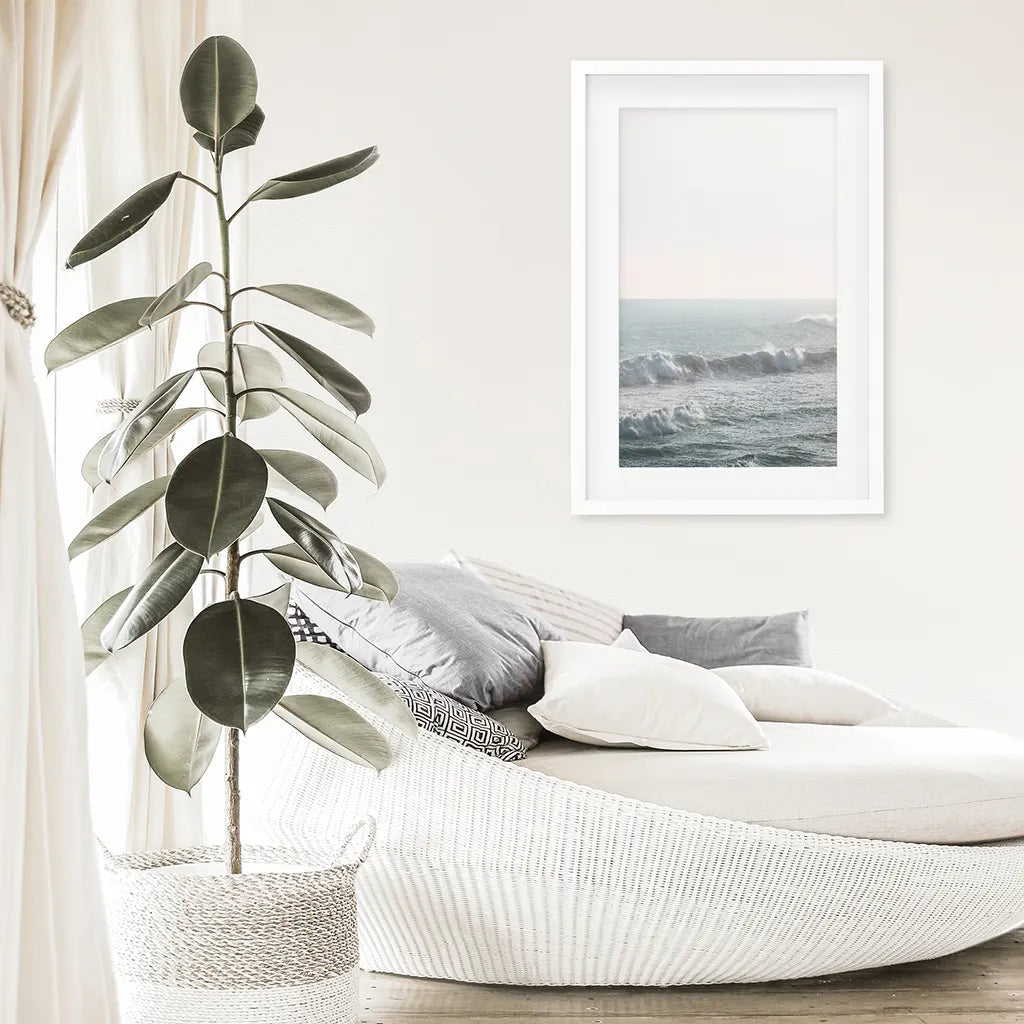 Pink Sunset and Ocean Waves Print. Coastal Wall Art