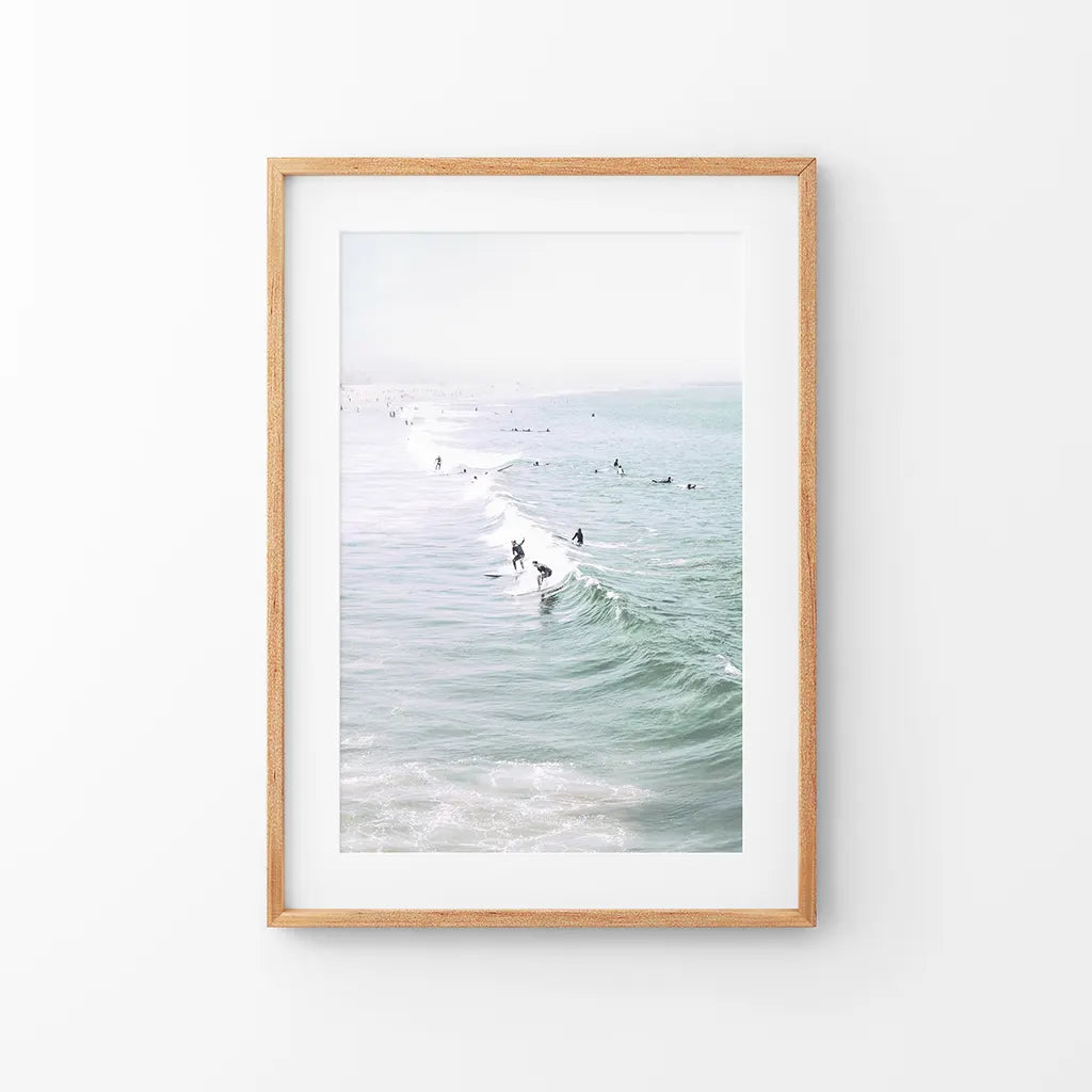 Pastel California Beach Print. Surfers and Ocean Waves
