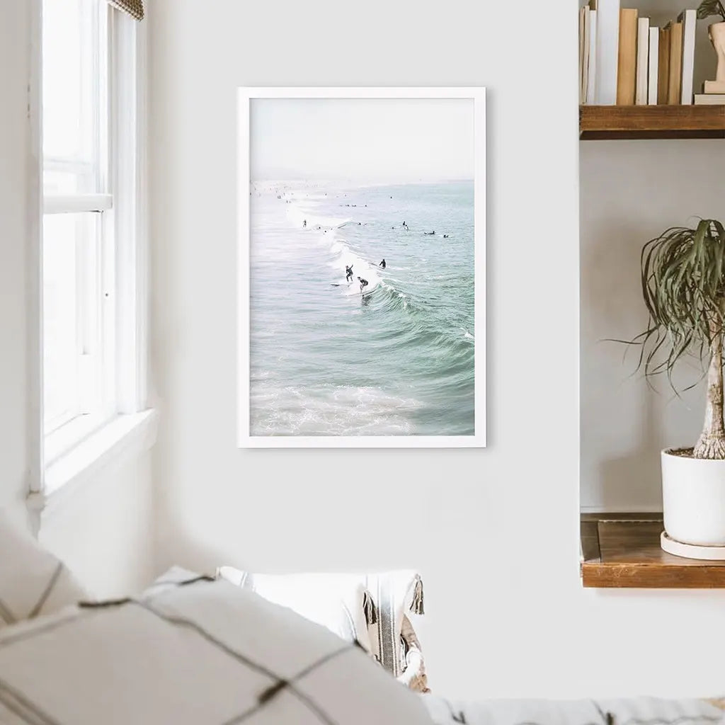 Pastel California Beach Print. Surfers and Ocean Waves