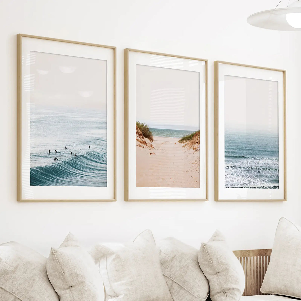 Modern Beach Set of 3 Posters. Sandy Beach, Waves, Surfers