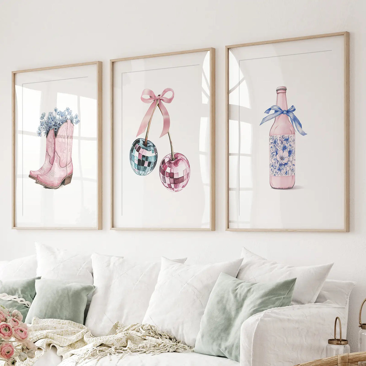 Cherries Disco Ball Preppy Pink Wall Art Prints