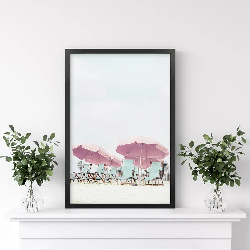 Pink Umbrella Wall Art Print. Summer Beach Theme