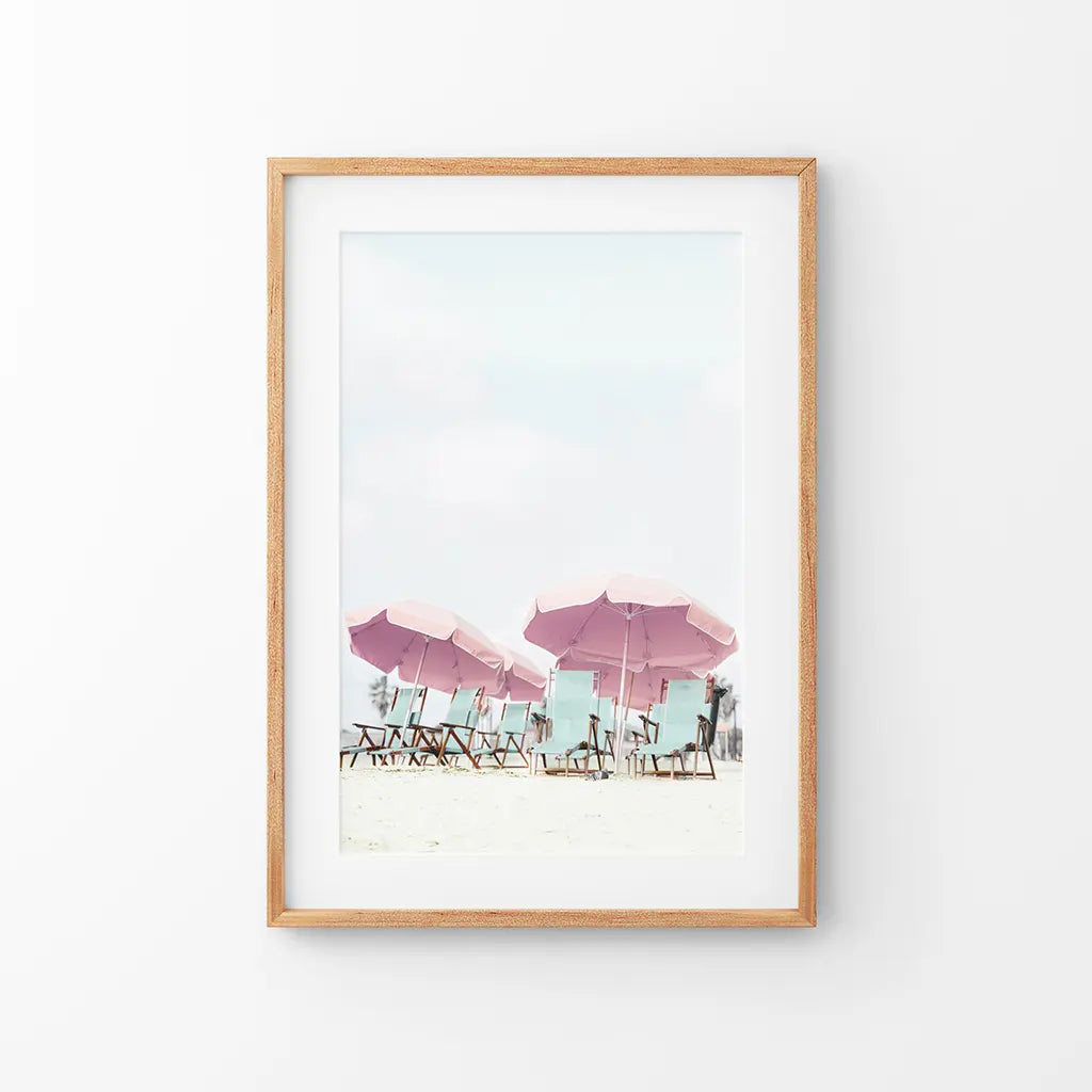 Pink Umbrella Wall Art Print. Summer Beach Theme