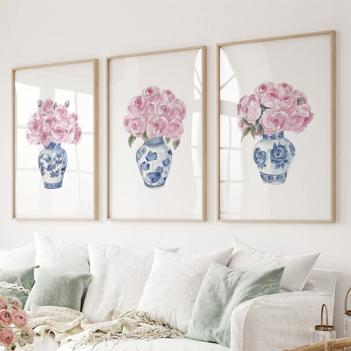Blue Chinoiserie Watercolor Roses Art Print Set