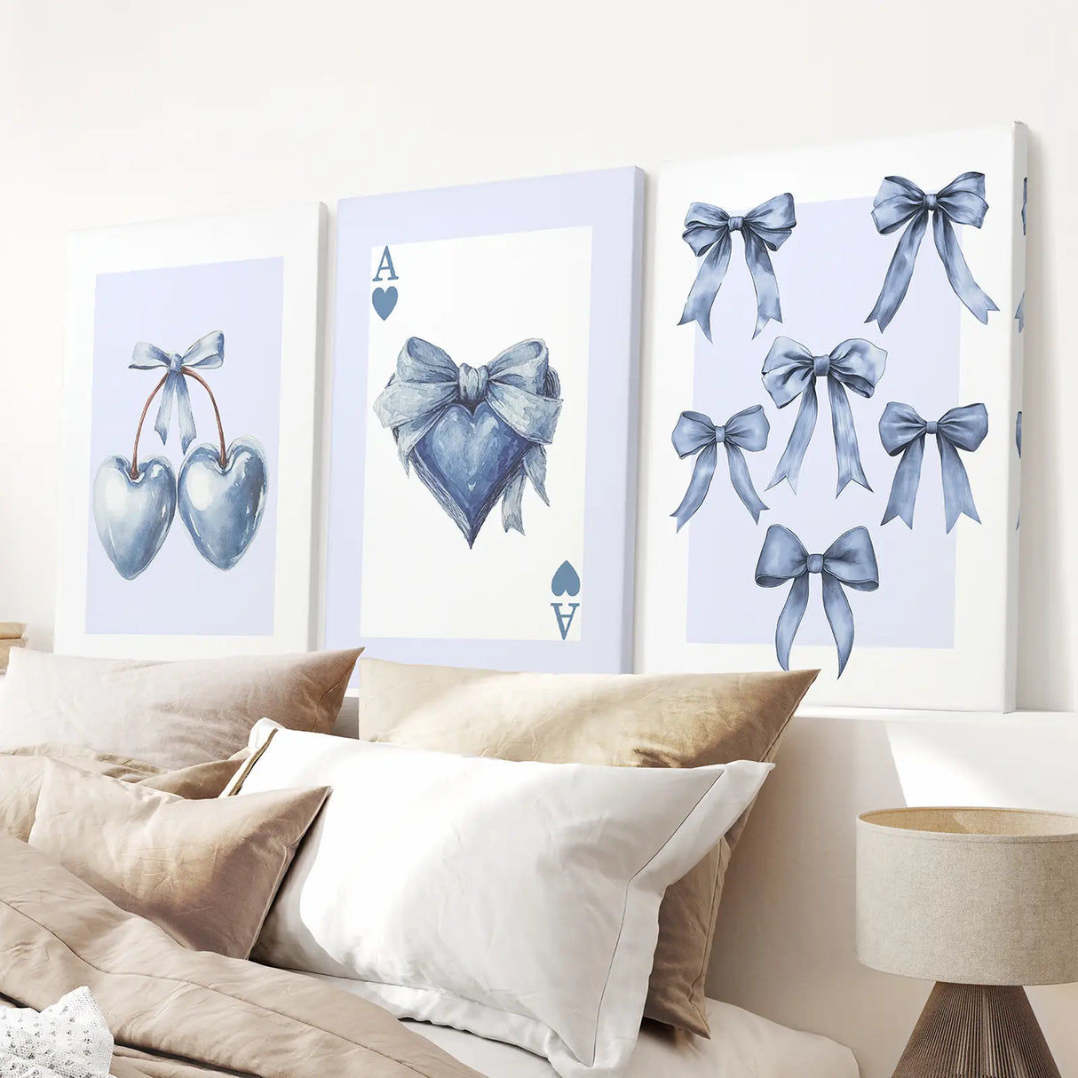 Blue Coquette Bows Wall Art Set of 3 Prints Decor