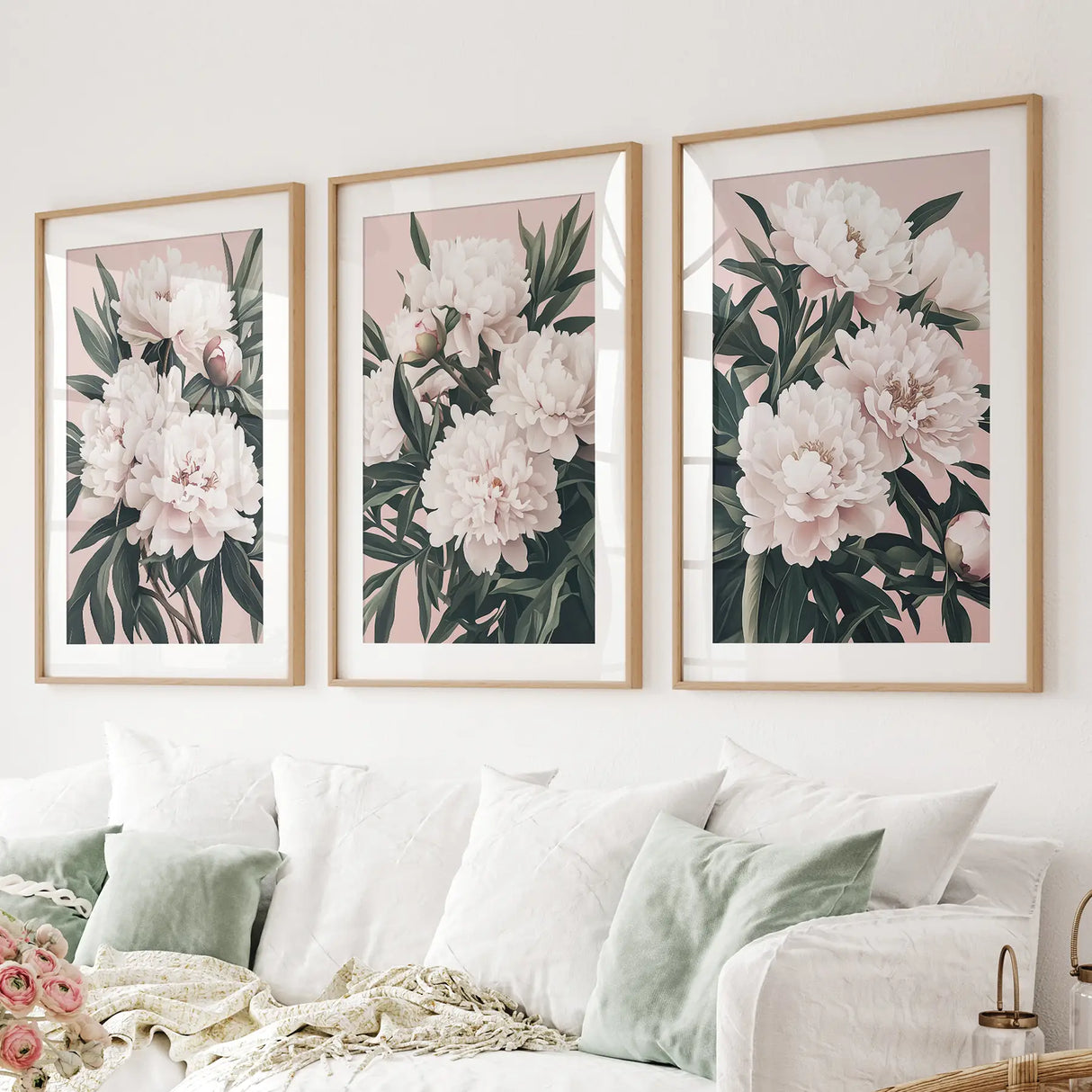 Peonies Flowers Wall Art Set of 3. Pink and Green Decor