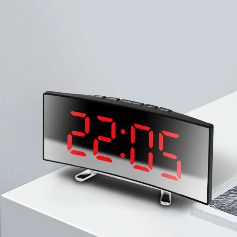 LED Mirror Alarm Clock Large Curved Digital Desktop Smart Silent Living Room