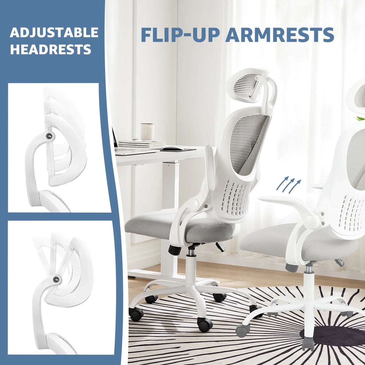 Mesh Ergonomic Office Chair Flip-Up Arms Adjustable Headrest Lumbar Support