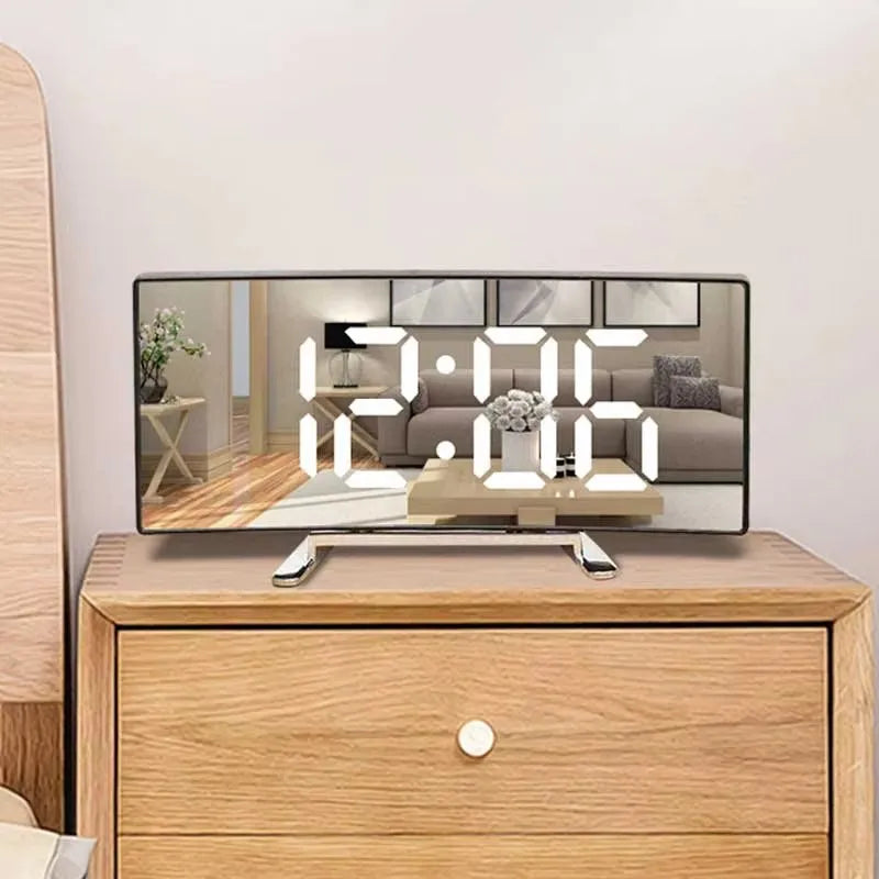 LED Mirror Alarm Clock Large Curved Digital Desktop Smart Silent Living Room
