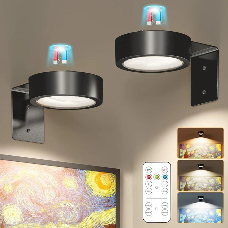 3 Pack Magnetic Picture Lights with Remote Dimmable Battery Art Wall Lights