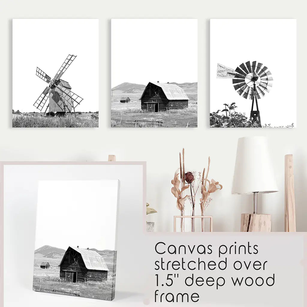Black White Set of 3 Farm Style Prints. Windmill, Barn, Vane