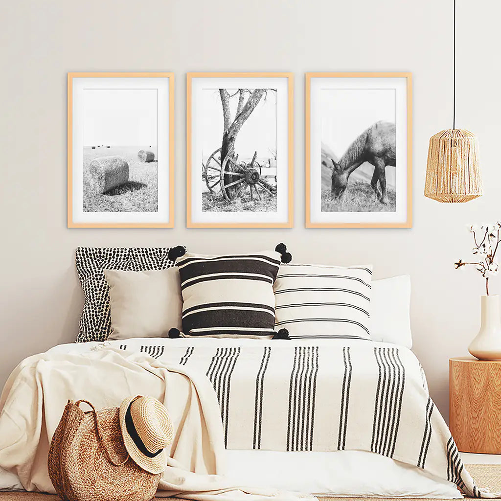 Black White Farm House Wall Décor. Horse, Hay Bales