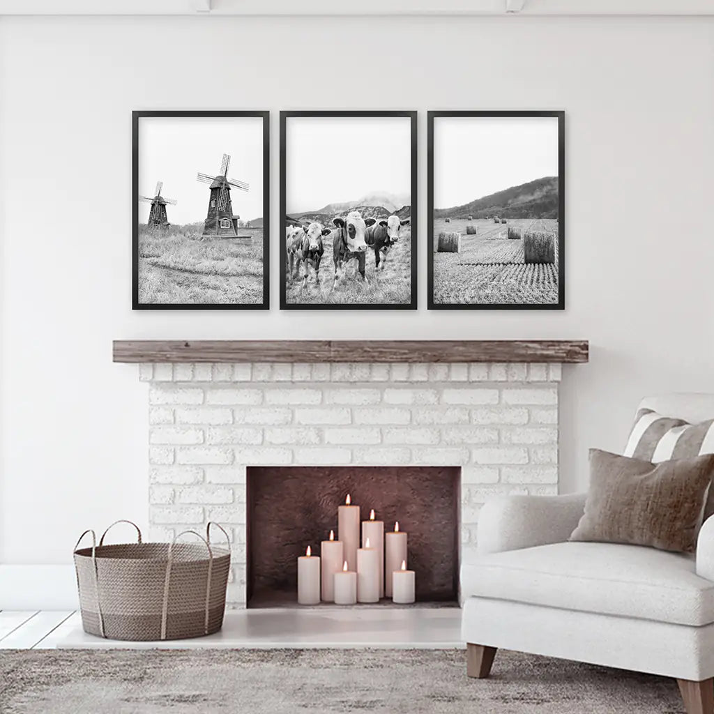 Farmhouse Black White Wall Art. Windmill, 3 Cows, Hay Bales