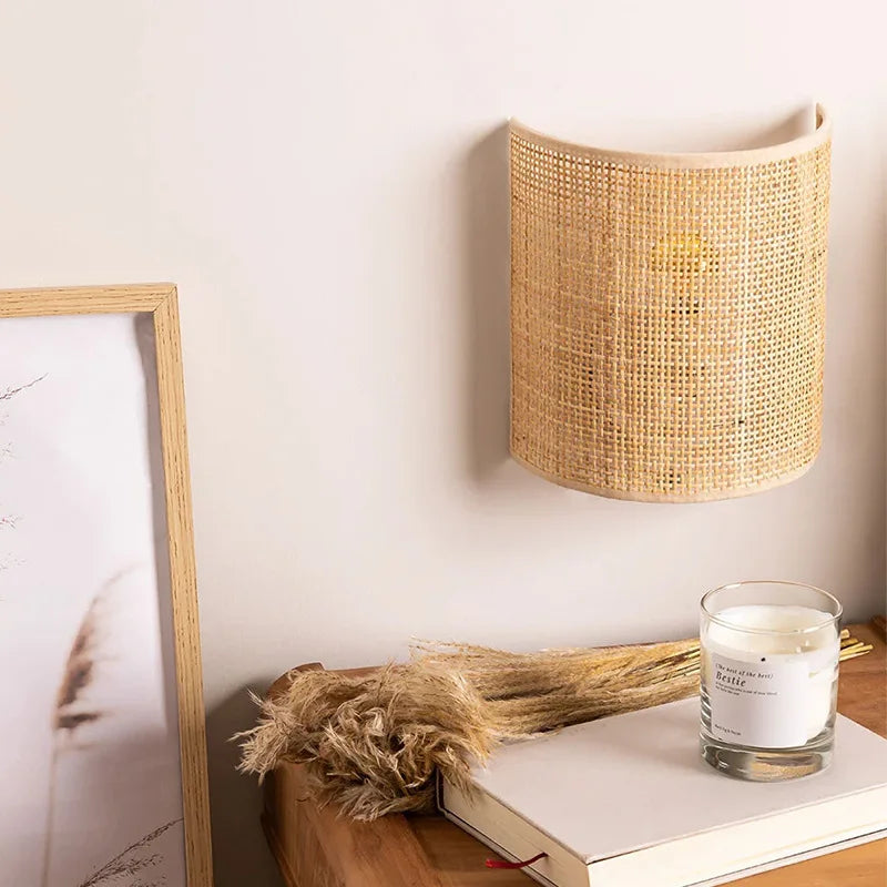 Vintage Rattan Wall Light E27 Handwoven Rope Sconce for Bedside Living Room