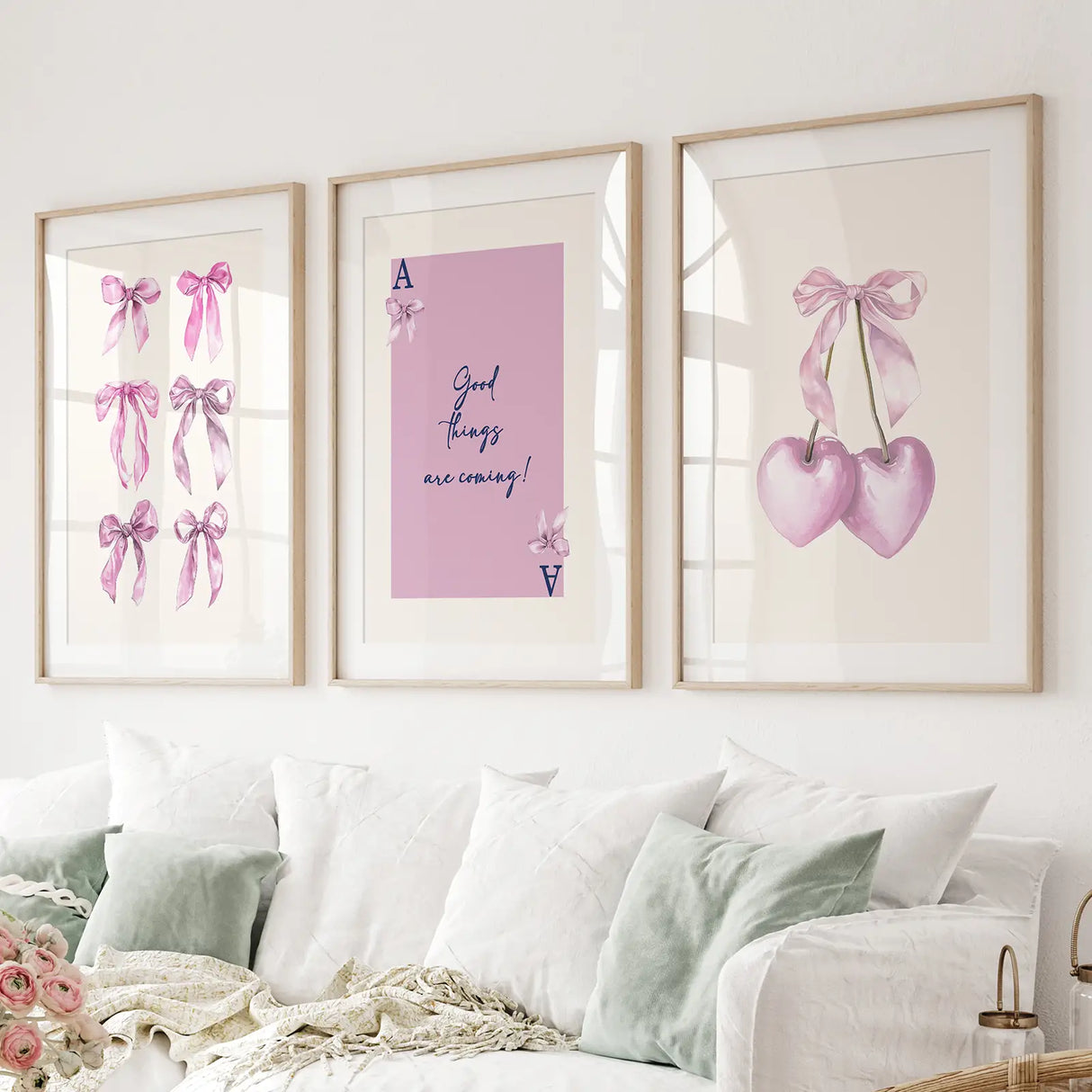 Trendy Pink Bows Wall Art Girly Print Decor Set