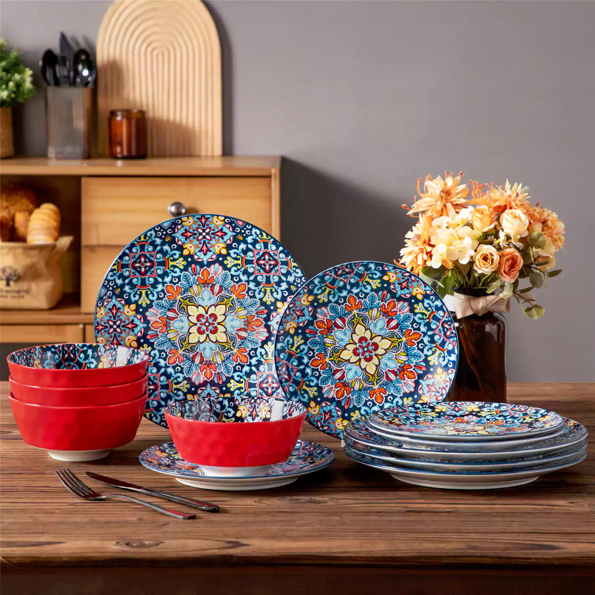 Simi 12 Piece Dinnerware Set with Front-Only Pattern