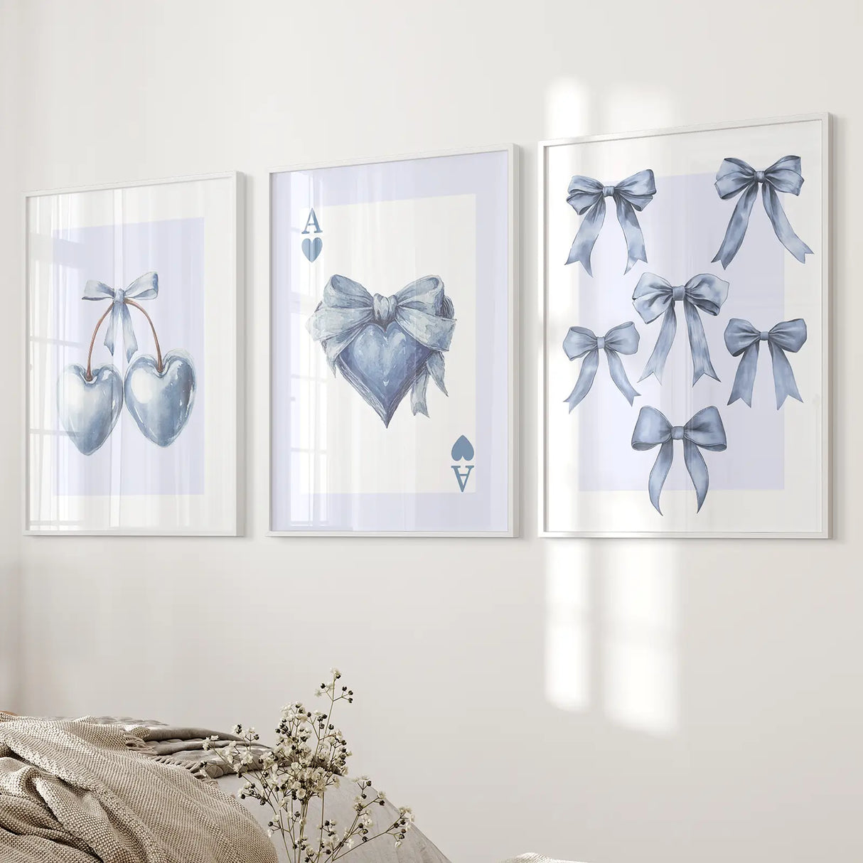 Blue Coquette Bows Wall Art Set of 3 Prints Decor