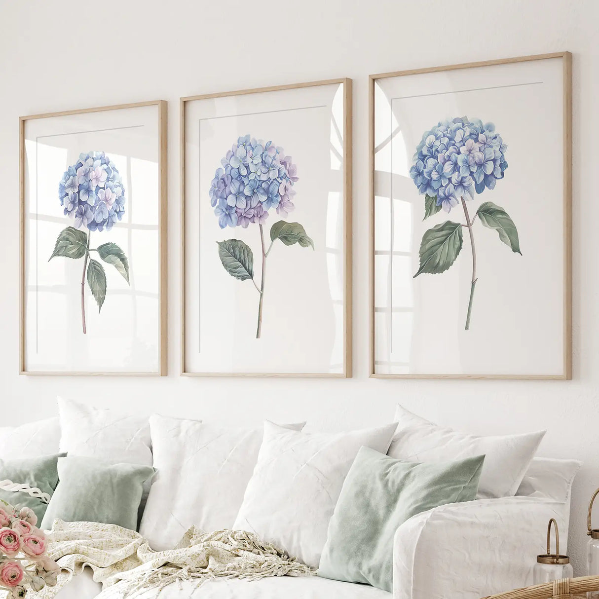 Light Blue Hydrangea Flower Wall Art Poster Set