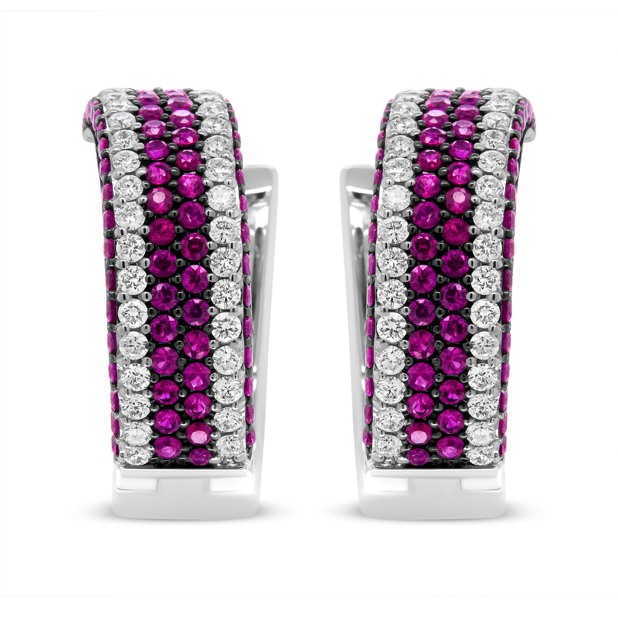 18K White Gold 1 7/8 Cttw Diamond and 1mm Round Red Ruby Open Swish Hoop Earrings (F-G Color, VS1-VS2 Clarity)