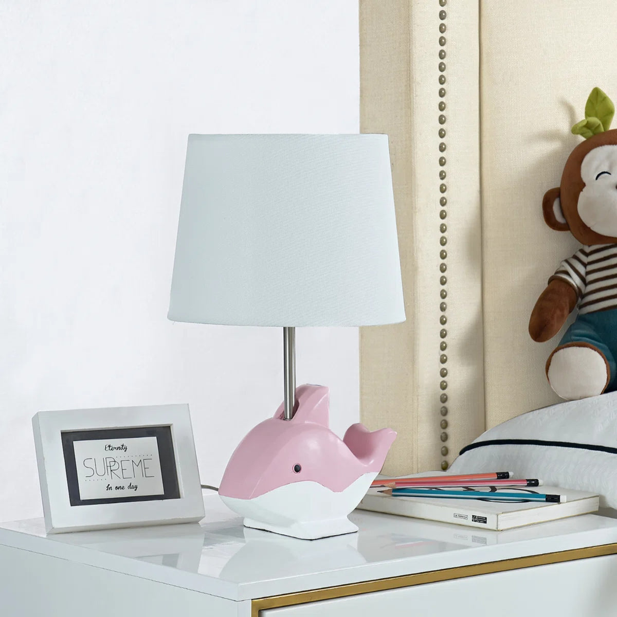15-Inch Dolphin Table Lamp, Pink Resin Base with White Linen Shade