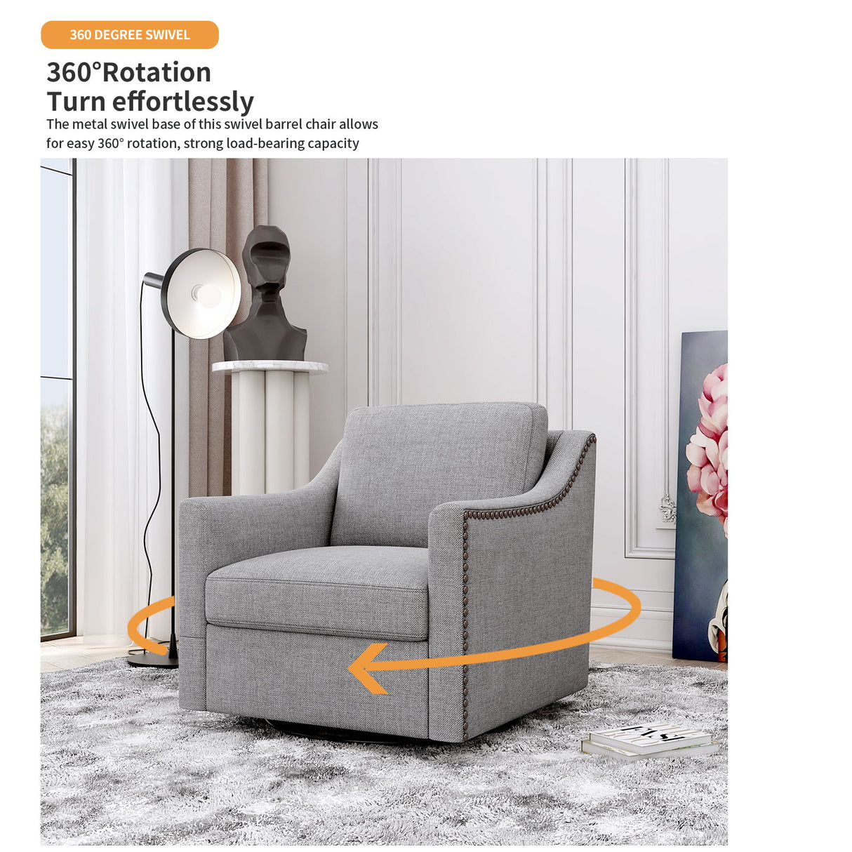 360 Degree Swivel Armchair, Skin Friendly Fabric, Ergonomic Design, Brass Nail Decorative Armchair