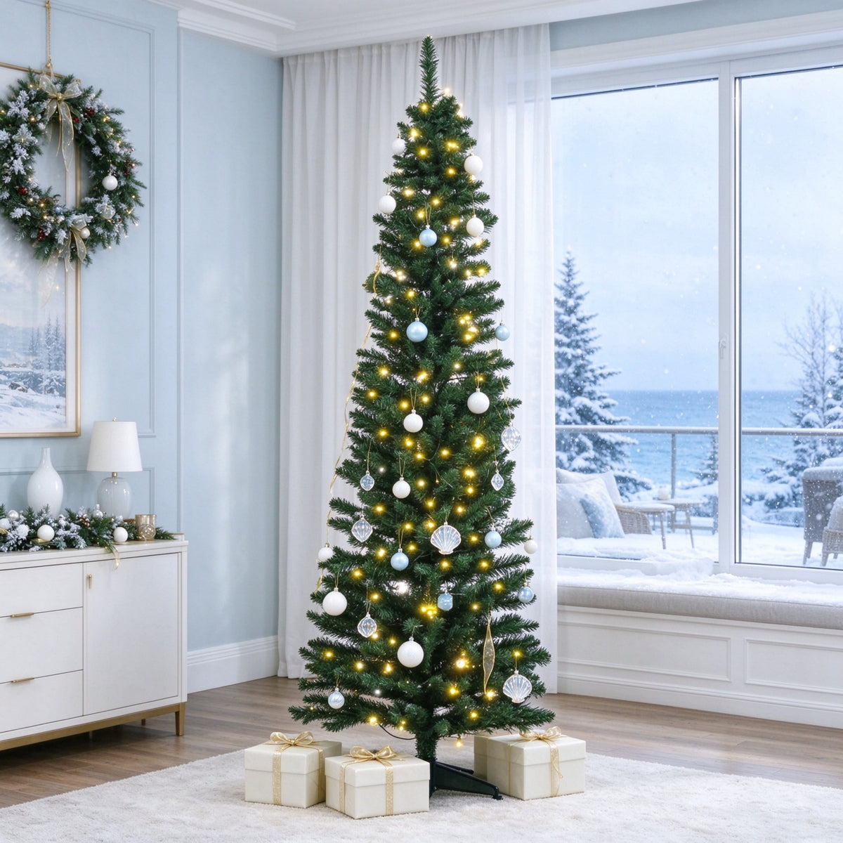 6 FT Pre-Lit Slim Noble Fir Pencil Christmas Tree, 390 Branch Tips, Warm White LED