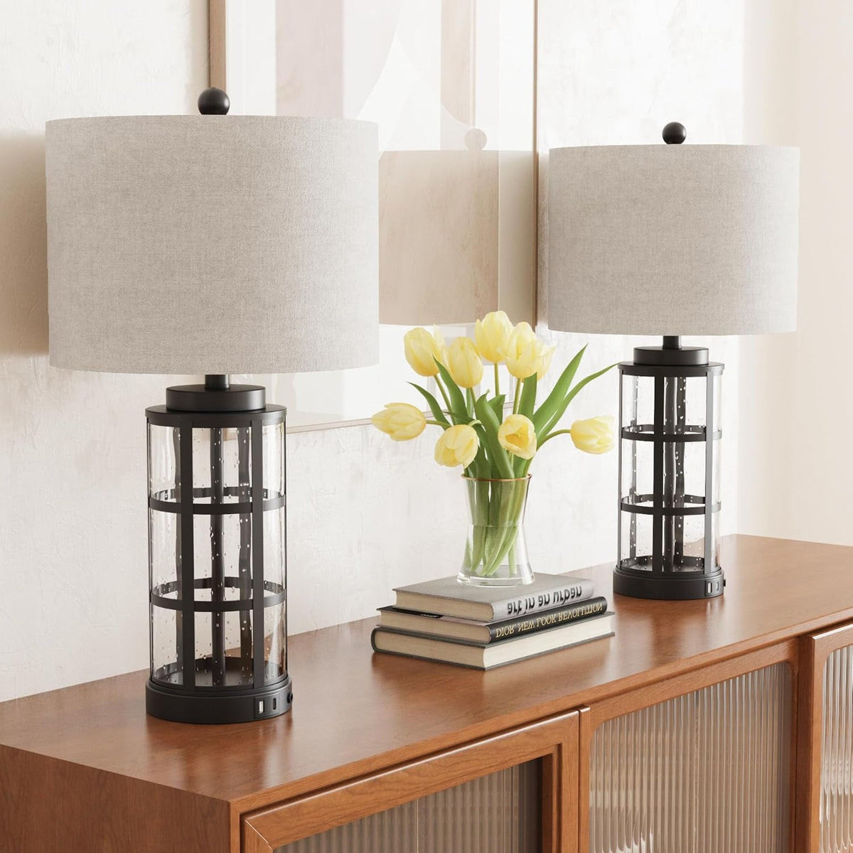 25-Inch Glass Table Lamps Set of 2, 3-Way Dimmable with USB and Type C, Black