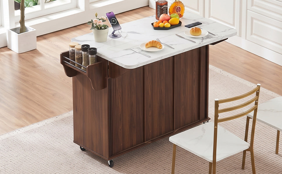 K&K 53.6" Kitchen Island with Drop Leaf, Rolling Cart, Power Outlet, Walnut Brown