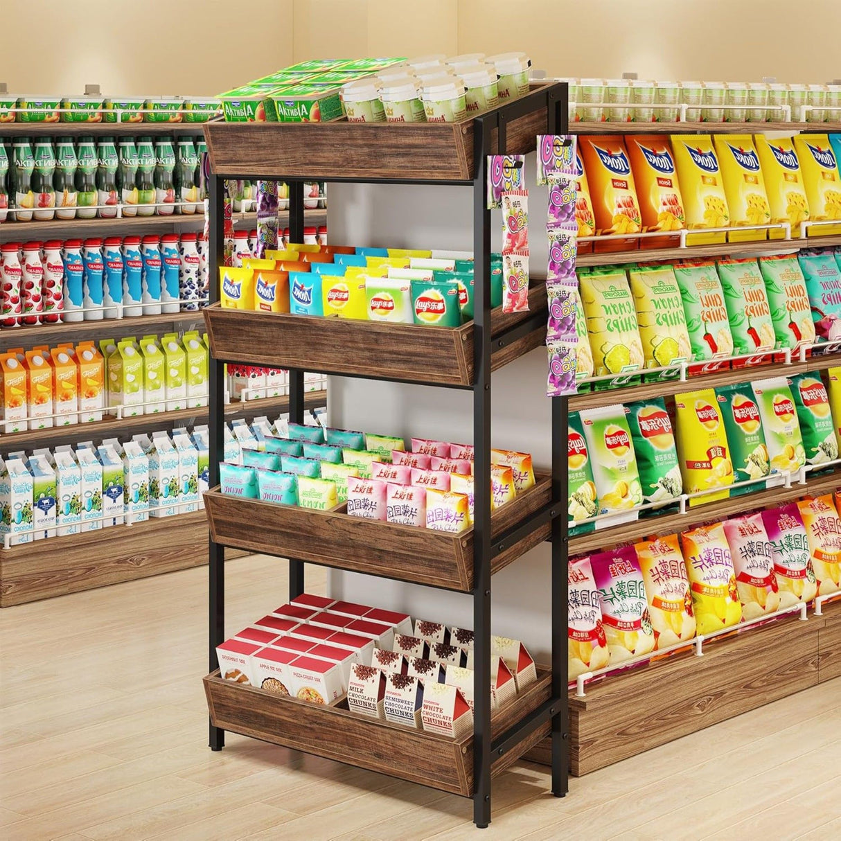 4 Tier Retail Display Rack With Hooks, Tall Metal Snack Stand With Shelves - Brown / Black