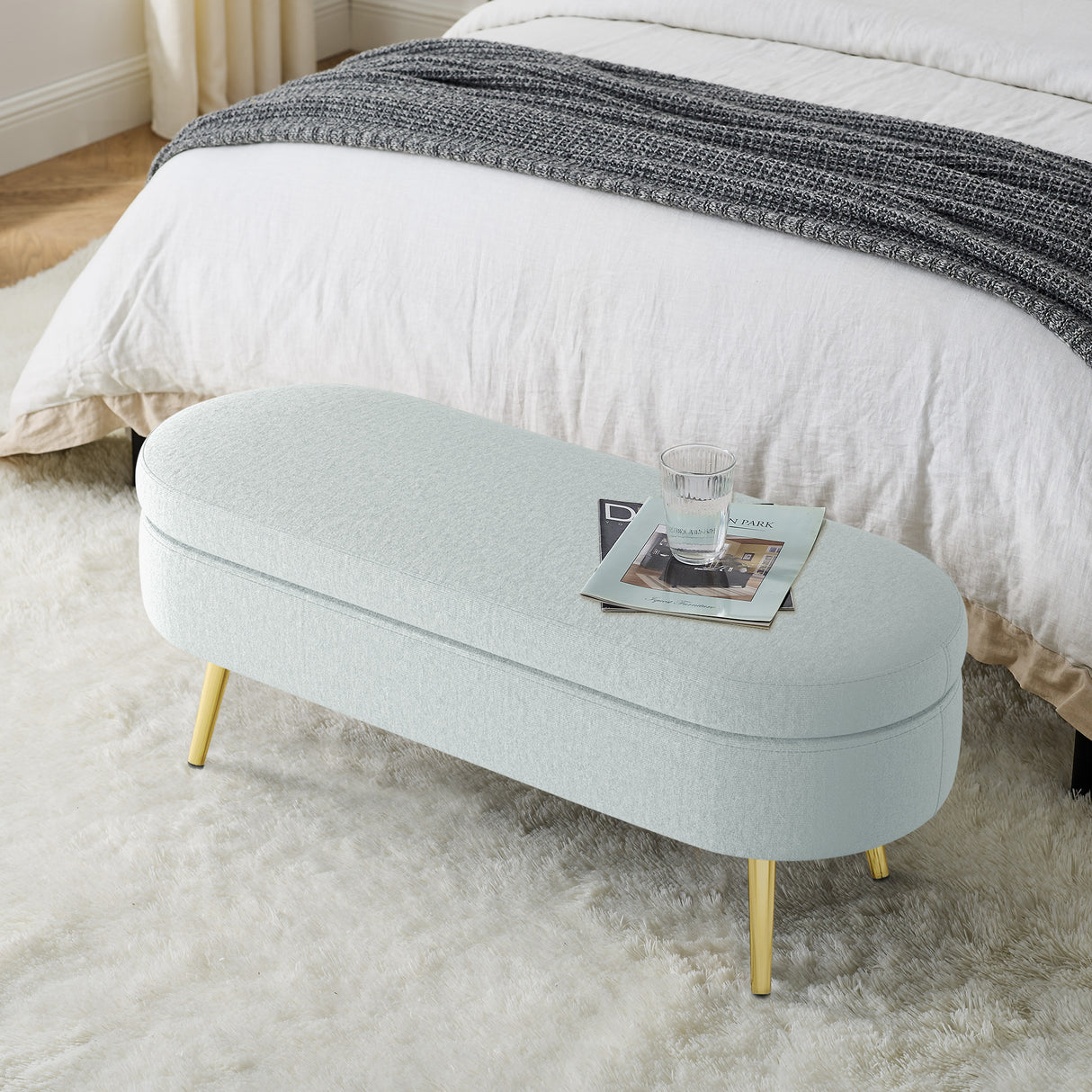 Ottoman Oval Storage Bench, Flannel with Metal Legs-Cyan