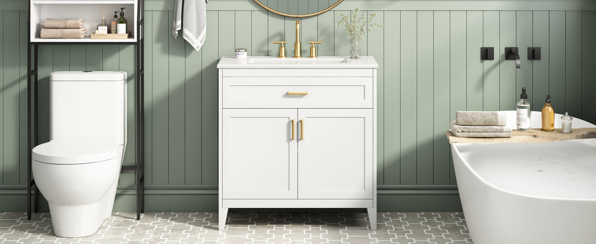 30-Inch Bathroom Vanity with Ceramic Sink Top, Soft-Close Doors, White