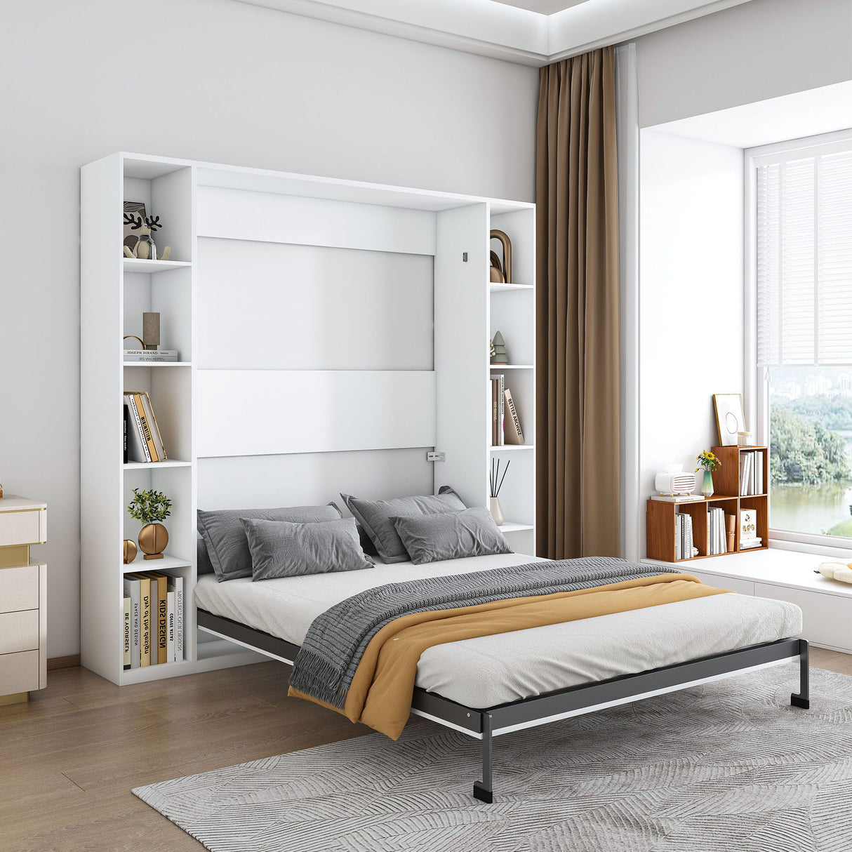 Queen Murphy Bed With Storage Cabinet, Foldable Wall Bed For Bedrooms - White