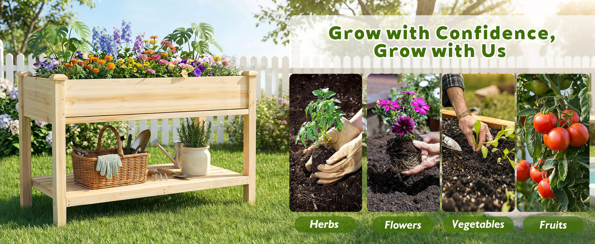 Raised Garden Bed with Water Collection Tray and Storage Shelf