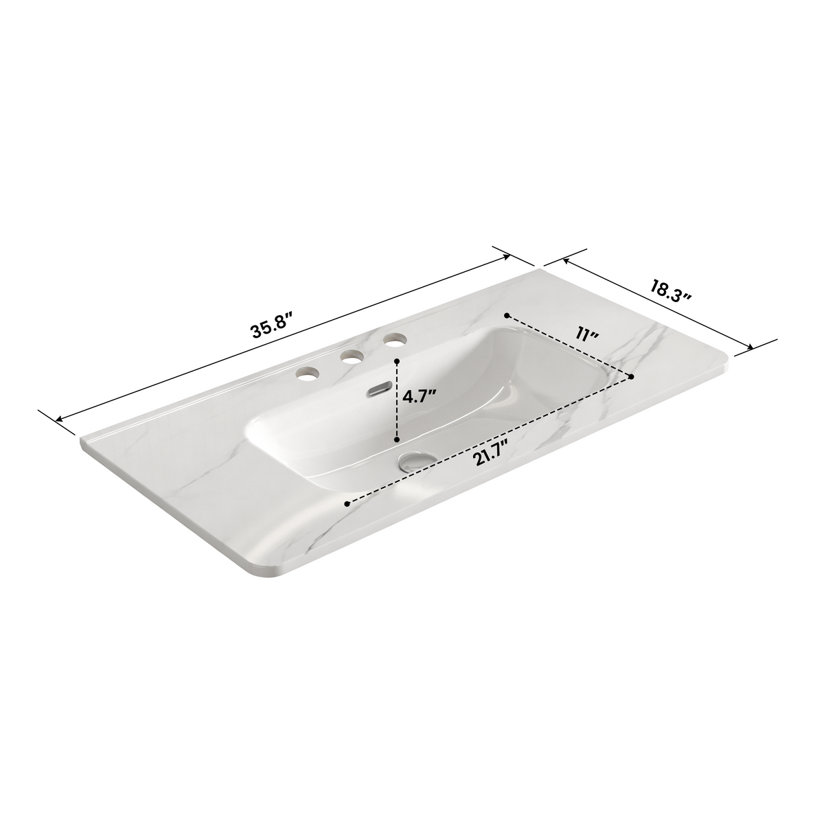 Integrated Carrara White Ceramic Bathroom Sink, 35.85-Inch