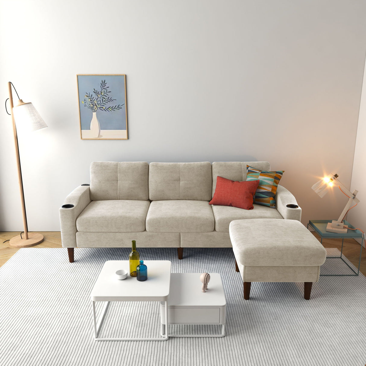 3 Seater Convertible Combination L Shaped Sofa With Footstools With Storage