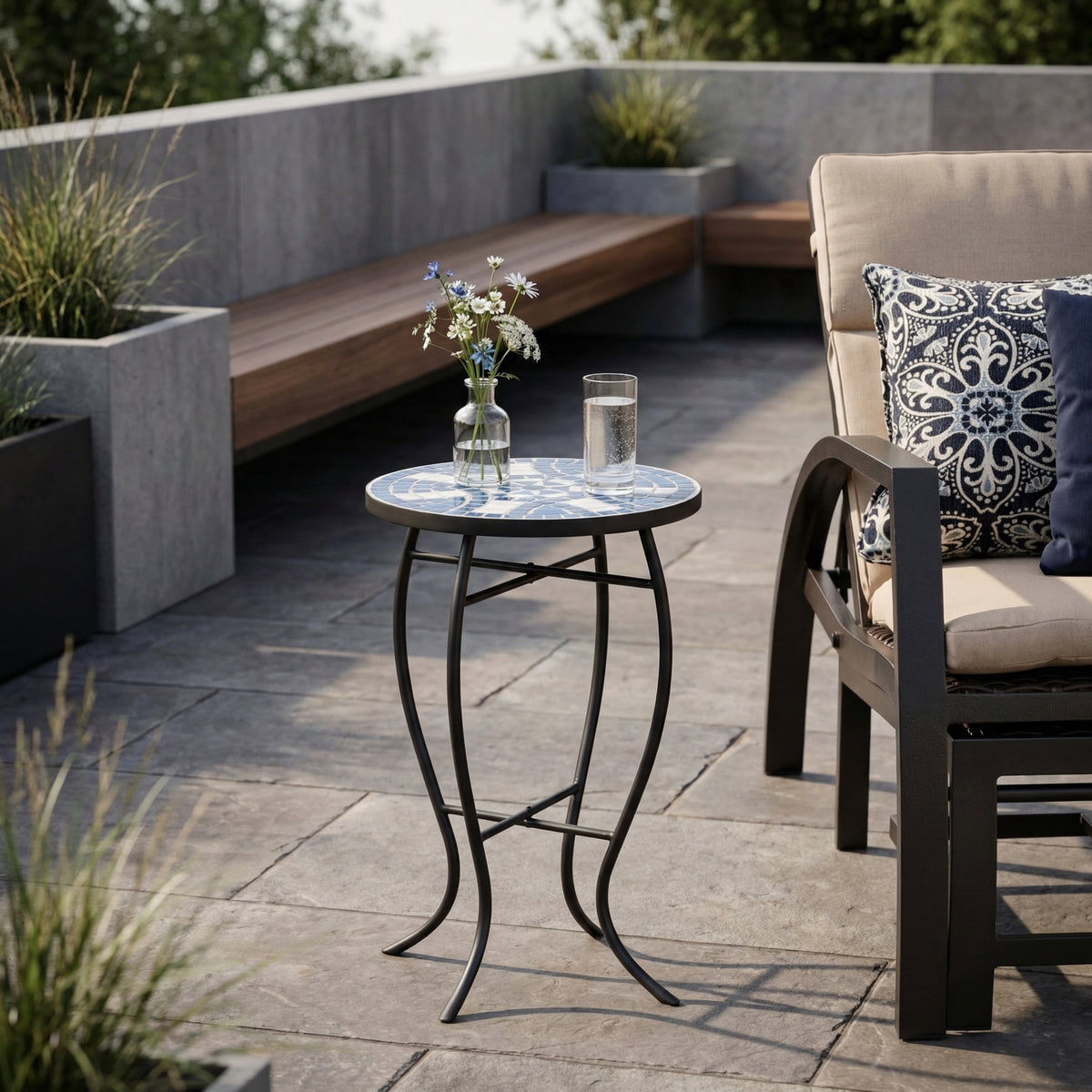 Outdoor Round Side Table with Mosaic-Style Top