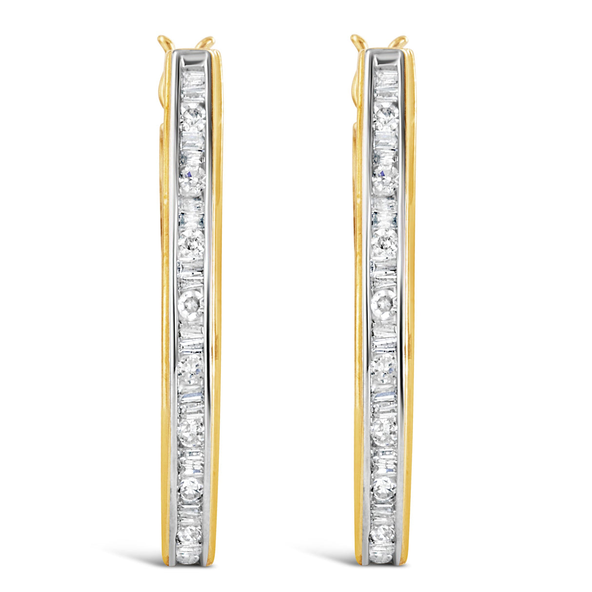 10K Yellow Gold 1.00 Cttw Round and Baguette-Cut Diamond U-Hoop Earrings (H-I Color, SI2-I1 Clarity)