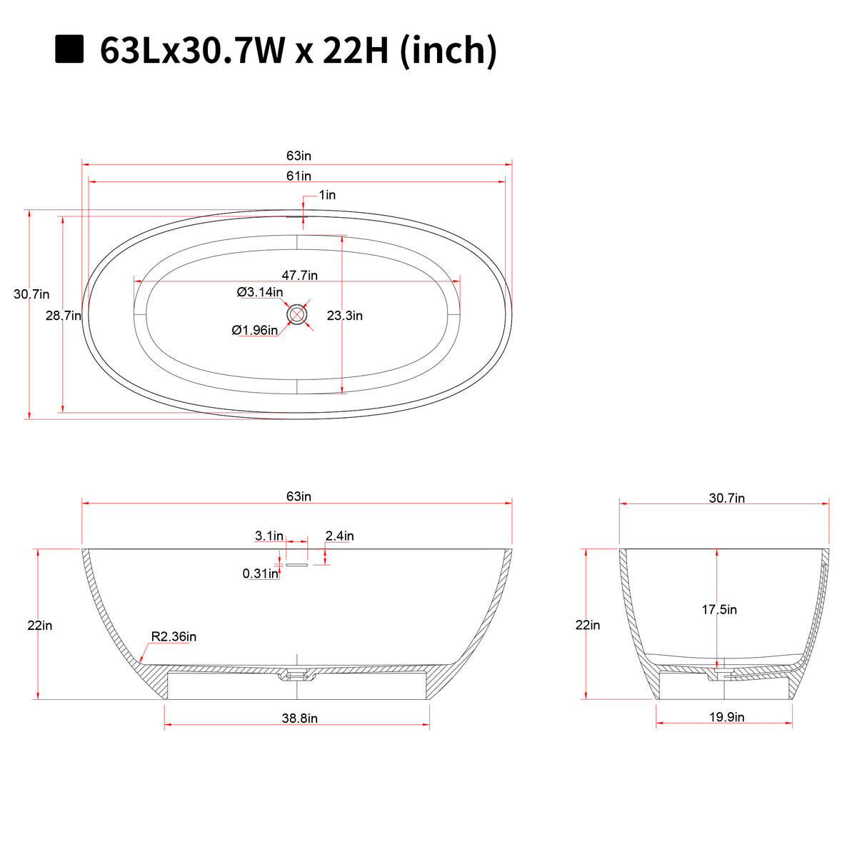 63" Freestanding Bathtub Resin Stone Soaking Bathtub