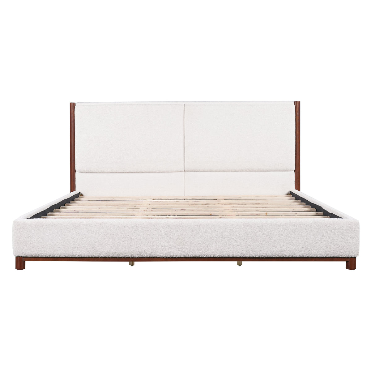King Size Upholstered Bed Frame with Slat Support - White & Walnut
