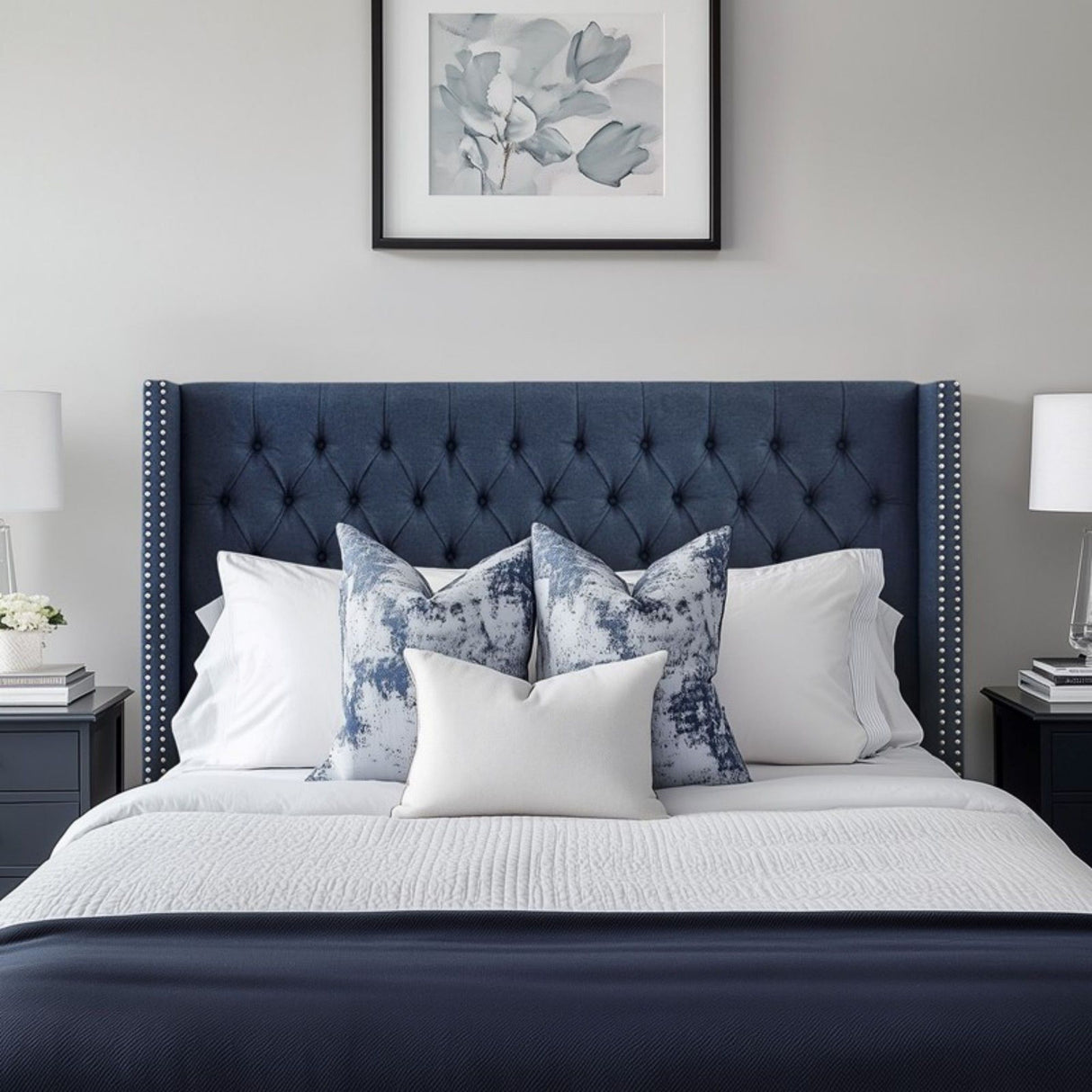 Transitional Upholstery Headboard With Tufted Buttons And Nailhead Trim